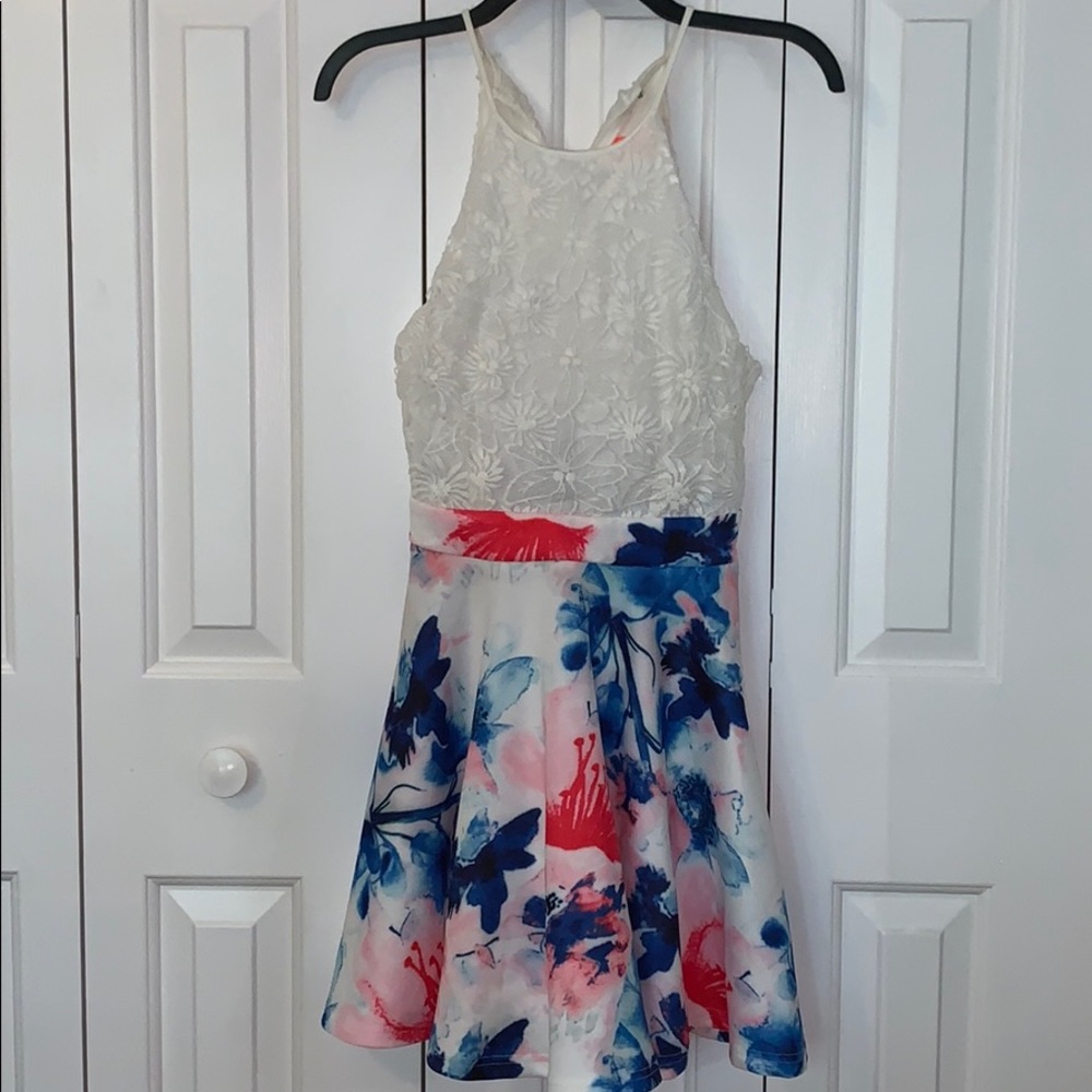 Lace dress with multicolored skirt